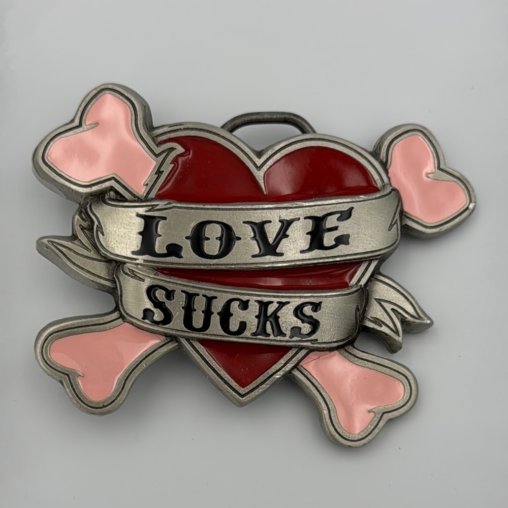 Lucky 13 Love Sucks Heart Skull Crossbones Belt Buckle Y2K Goth Punk